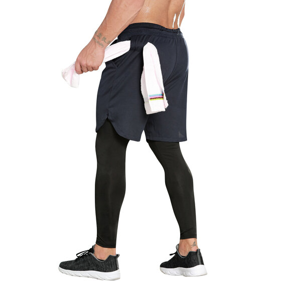 Fashion Men's 2 in 1 Navy Blue  running Shorts black tight Legging With cell phone pocket
