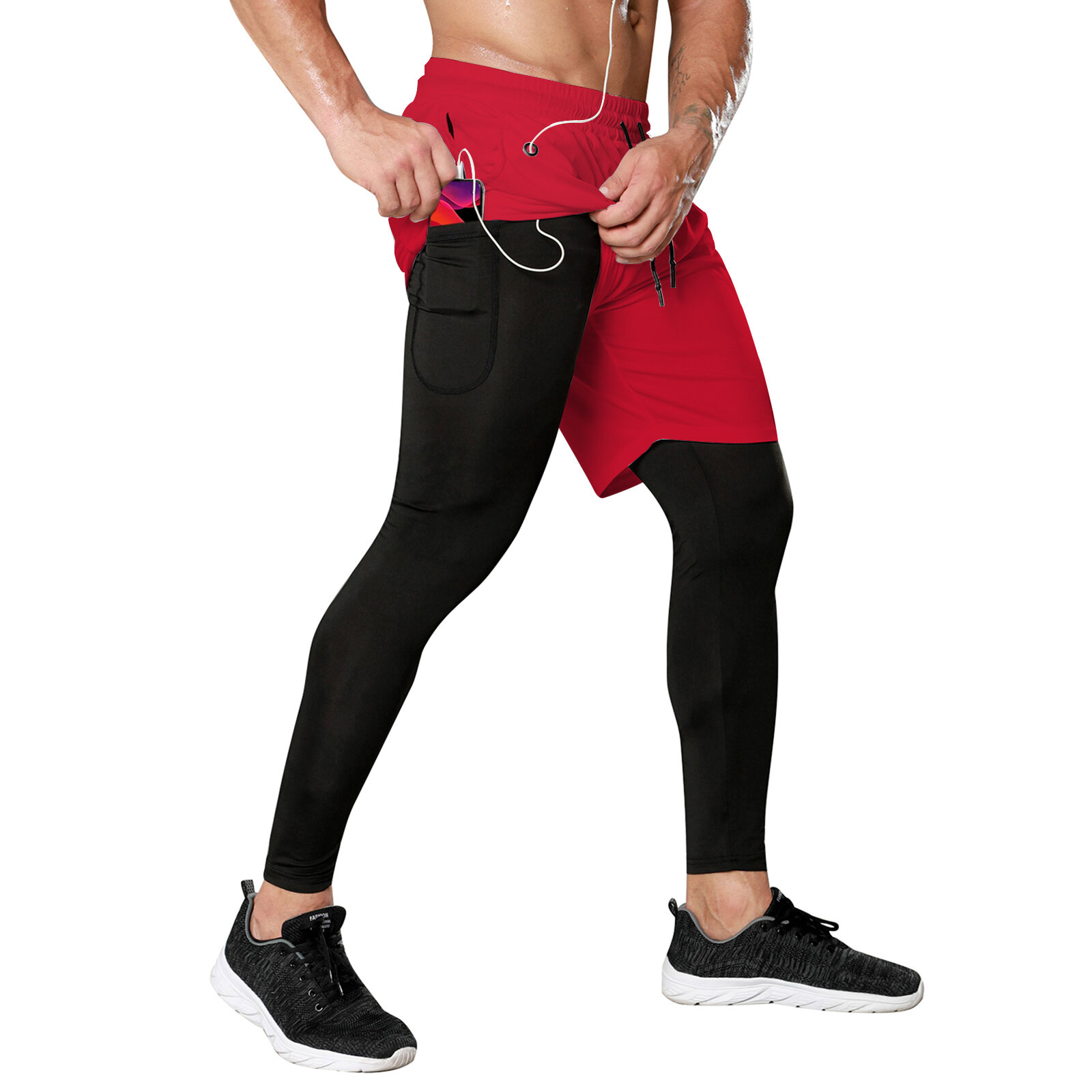 Men’s 2 in 1 Red Running Shorts Tight Legging - PKAWAY