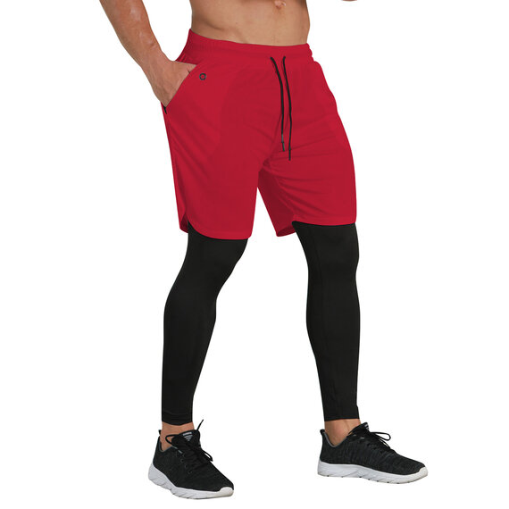 Fashion Men's 2 in 1 red workout Shorts black tight Legging With cell phone pocket