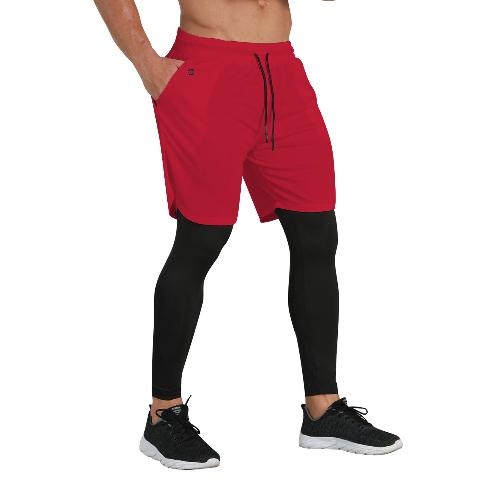 Men’s 2 in 1 Red Running Shorts Tight Legging - PKAWAY