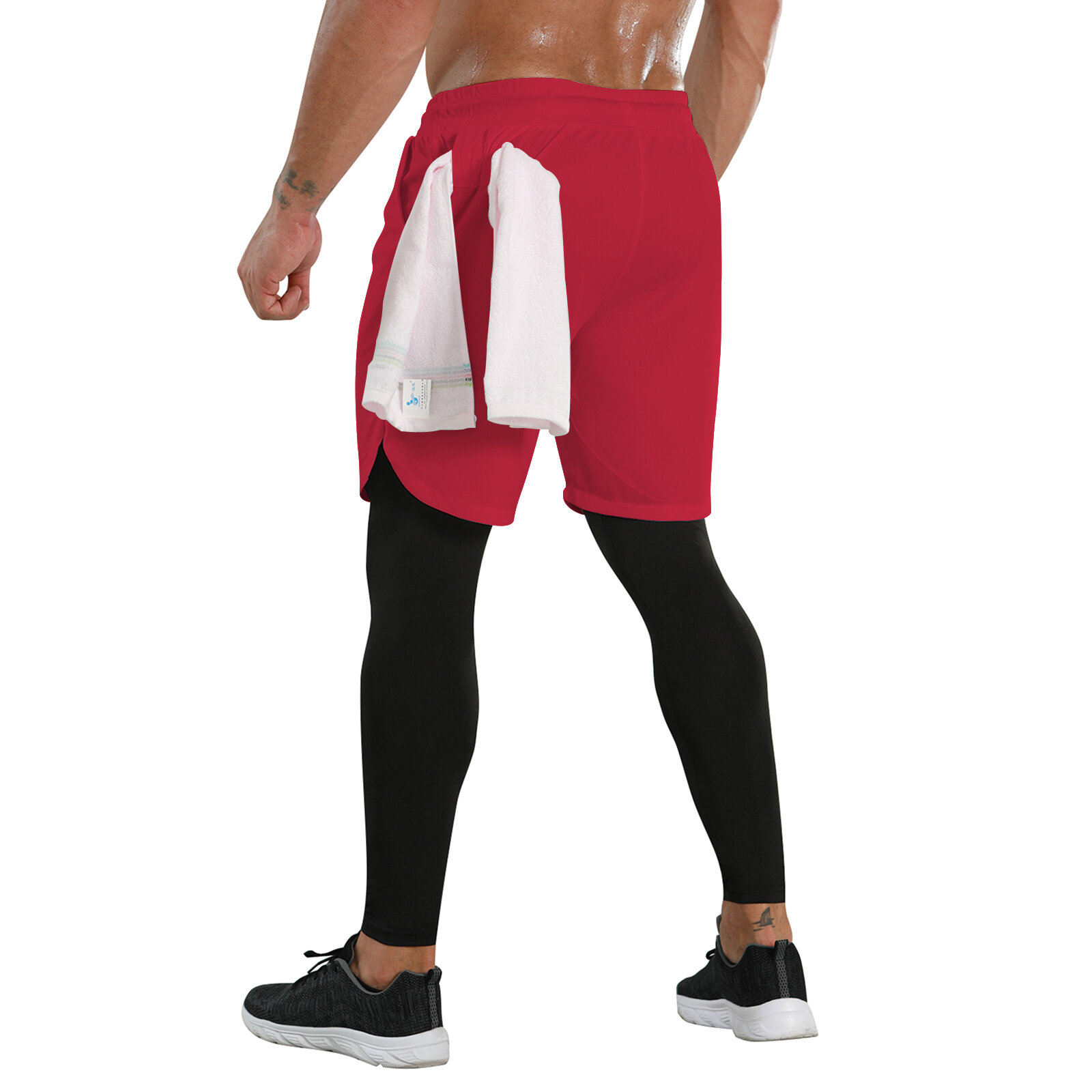 Men’s 2 in 1 Red Running Shorts Tight Legging - PKAWAY