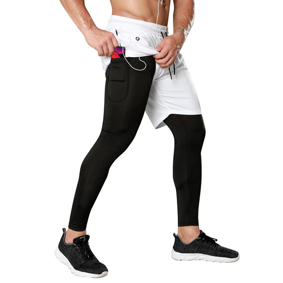 2 in 1 Men's White Lightweight jogging Shorts yoga legging black