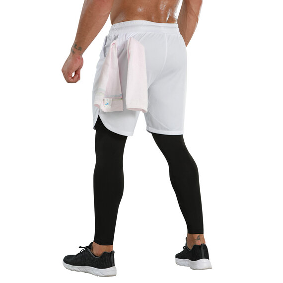 2 in 1 Men's White Quick Dry Breathable Workout Gym Athletic Shorts tight legging black