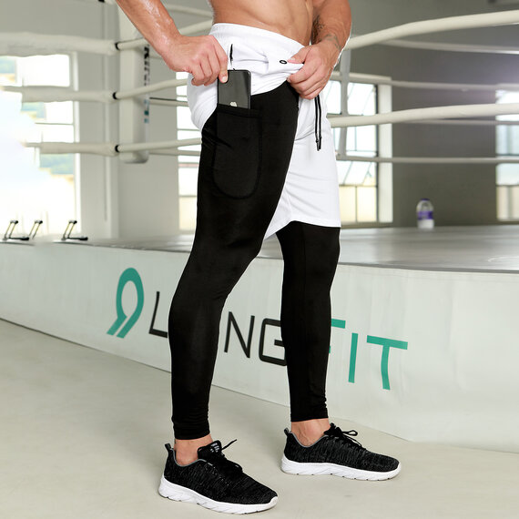 2 in 1 Men's White 4-way stretch legging and workout shorts  black