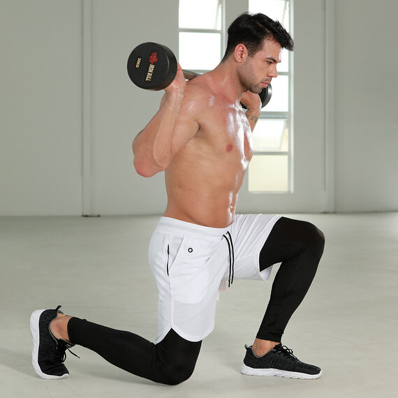 2 in 1 Men's White Comfortable Workout Shorts Drawstring Zipper Pockets Elastic Waist tight spandex legging black