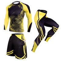 3 in 1 Mens Yellow best running leggins / compression shorts / gym shirt