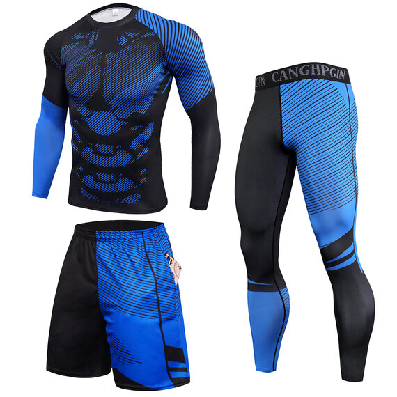 men's fashion blue compression shirt tight shorts 3 Pieces cycling gear set