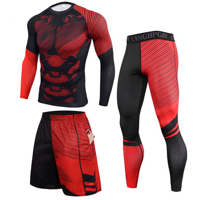 3 Pieces red Comfortable Workout Shorts compression Shirt tight Legging for mens