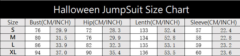 Halloween 3D Print Jumpsuit Size Chart For Reference