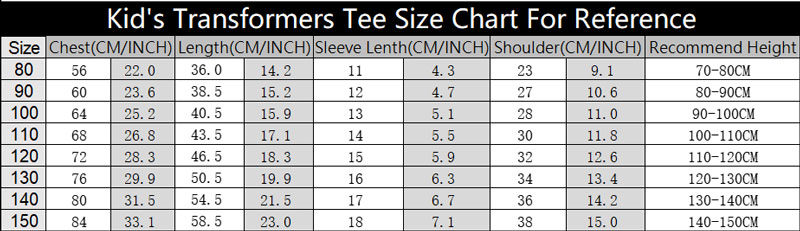 boys and girls Transformers t shirt Size Chart