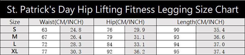 Ladies St. Patrick's Day Tight Legging Size Chart