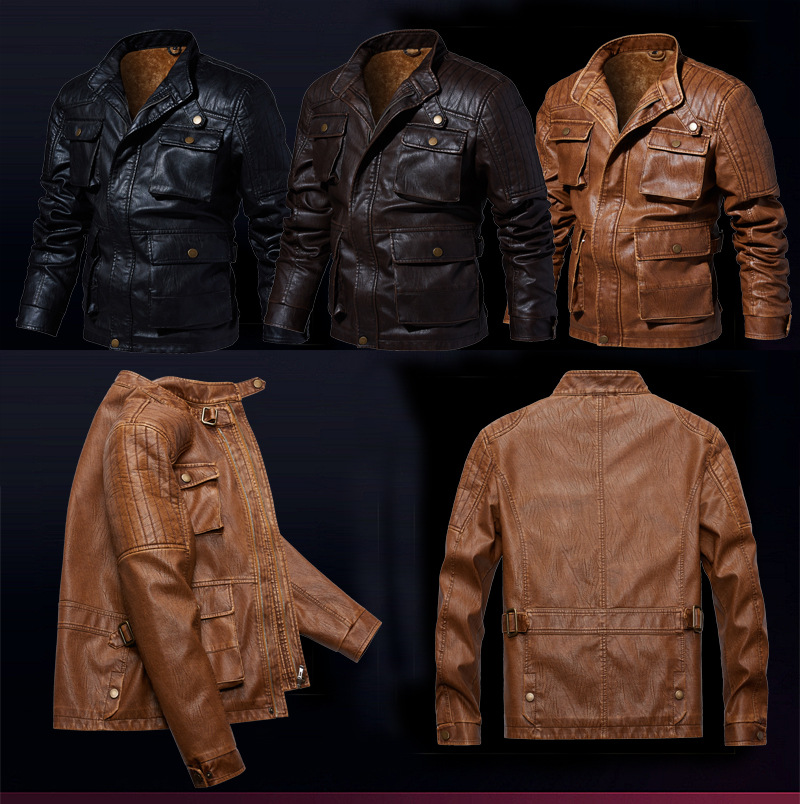 Men Biker Faux Leather Men's Basic Motorcycle Jacket with Zipper Pockets - 3 color available