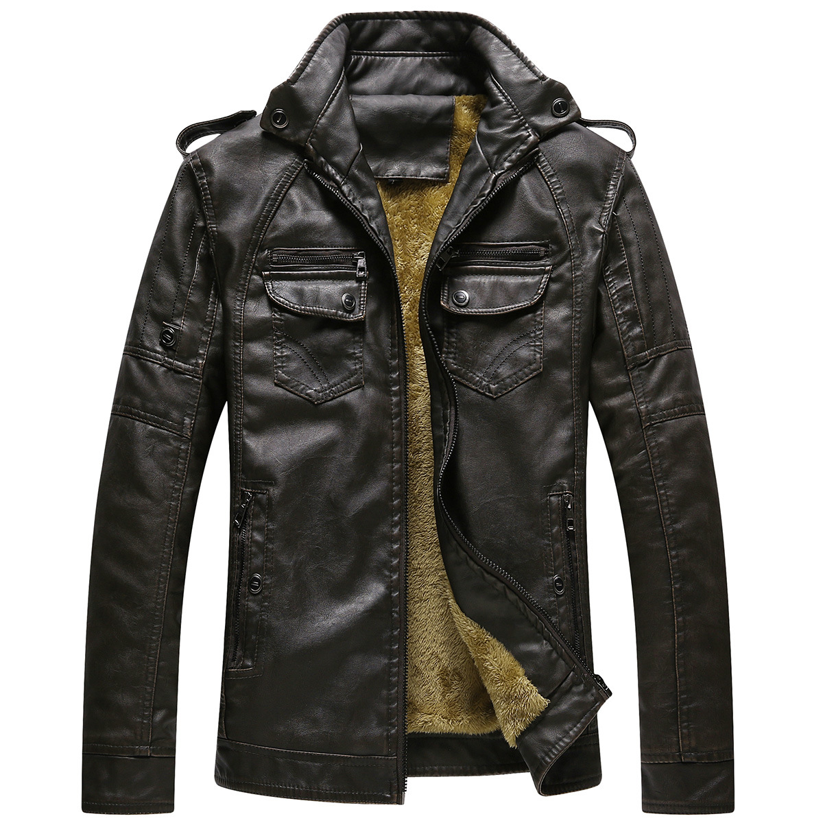 Men's Cool Stylish Stand Collar Lightweight Bomber Faux Leather Jacket Coat Coffee -Front Side