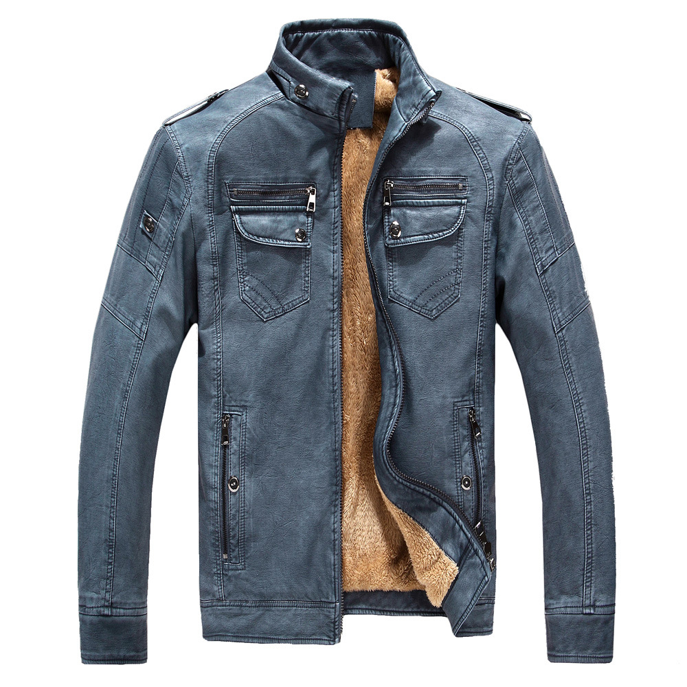 Men's Cool Stylish Stand Collar Lightweight Bomber Faux Leather Jacket Coat Blue - Front Side