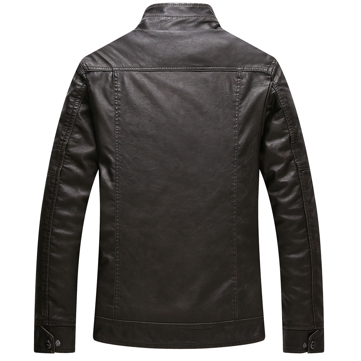 Men's Cool Stylish Stand Collar Lightweight Bomber Faux Leather Jacket Coat black -back side