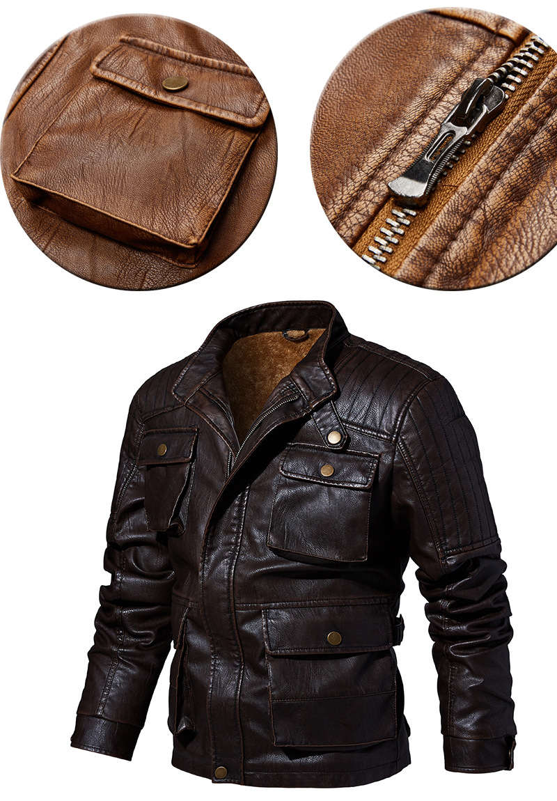 Men's Faux Leather Jacket Classic Motorcycle Jacket Casual Vintage Warm Winter Coat - metal zipper head - Front pockets