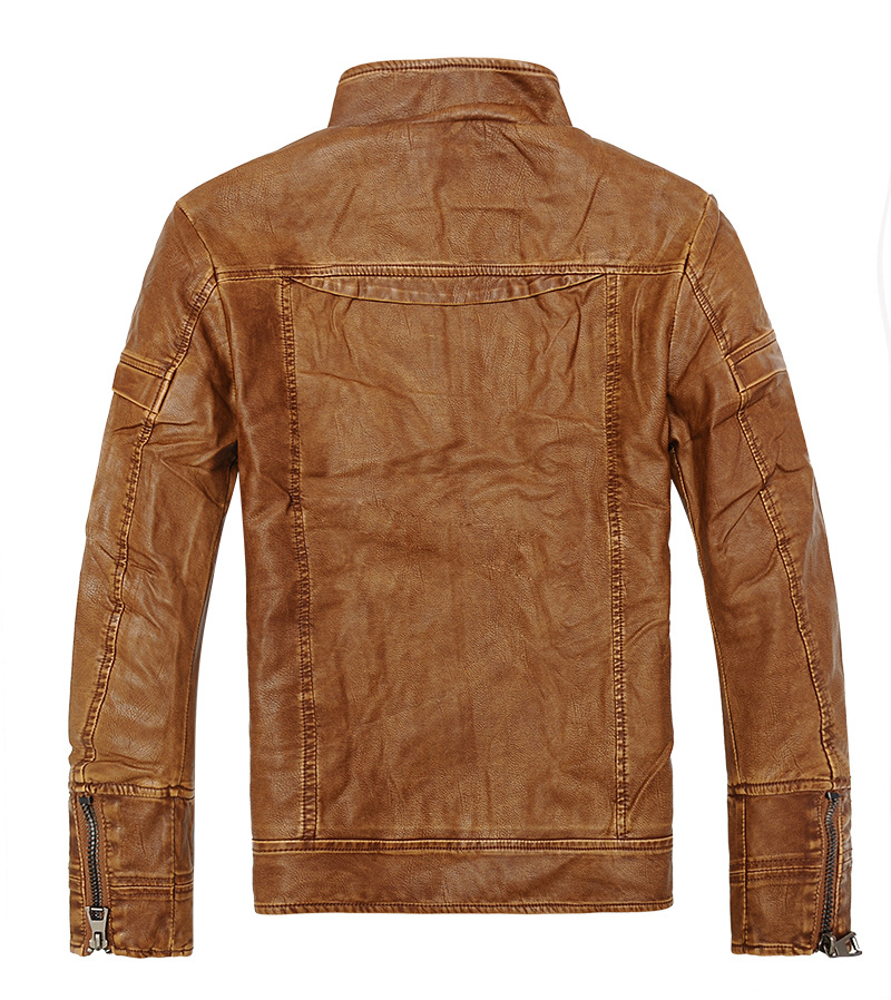 Men's Vintage Stand Collar Leather Jacket Motorcycle PU Faux Leather Outwear Yellow - Back