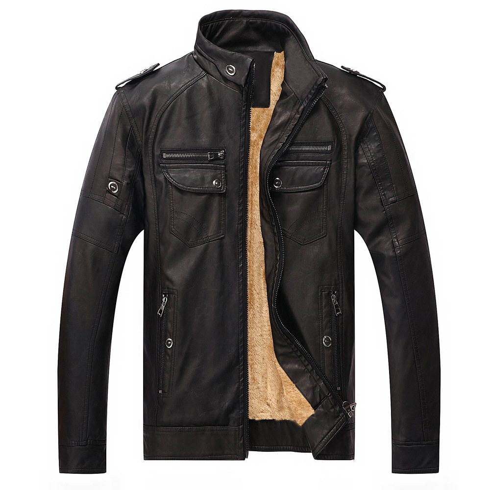 Men's Vintage Stand Collar Pu Leather Jacket Warm Winter Coat Black