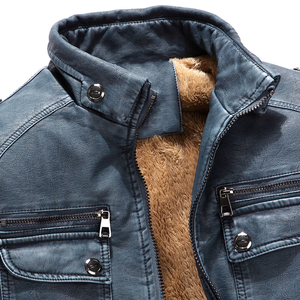 Men's Vintage Stand Collar Pu Leather Jacket Warm Winter Coat -front zipper pockets detail