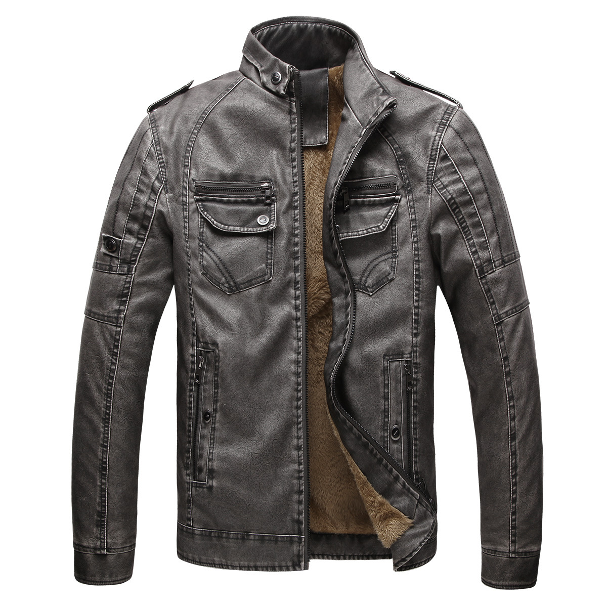 Men's Vintage Stand Collar Pu Leather Jacket Warm Winter Coat - grey