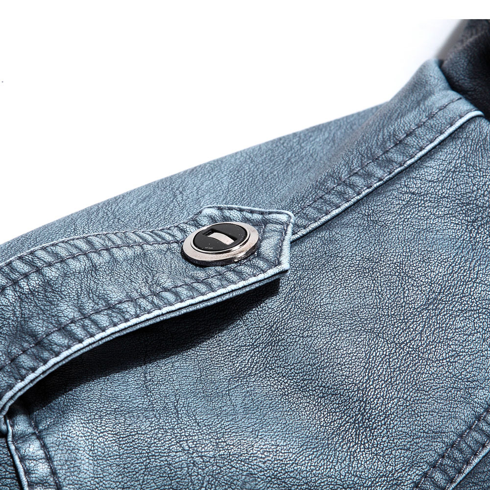 Men's Vintage Stand Collar Pu Leather Jacket Warm Winter Coat - shouder detail