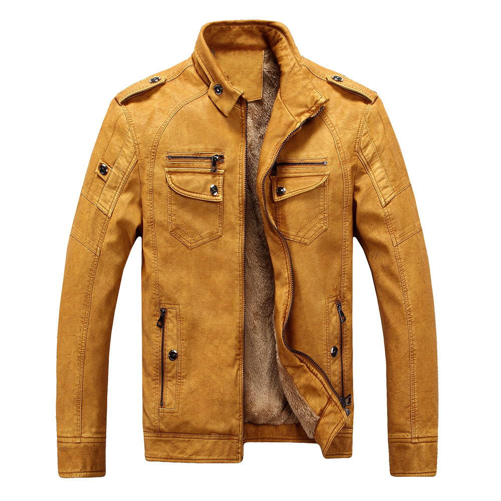 Men's Vintage Stand Collar Pu Leather Jacket Warm Winter Coat - yellow