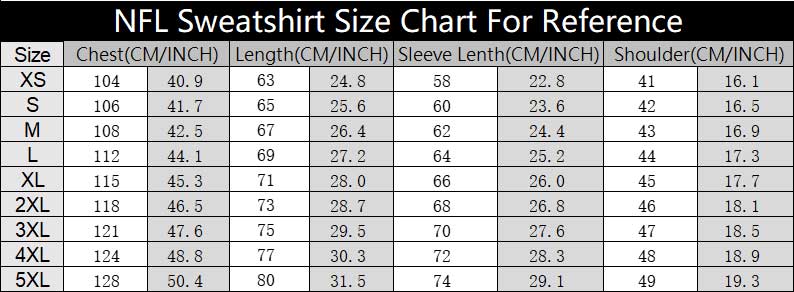 NFL Sweatshirt Size Chart For Reference