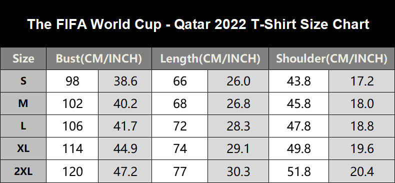 Qatar 2022 Fifa World Cup Brazil Jersey size chart