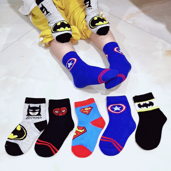 5 packs marvel socks for kids - 2 batman 1 superman 1 spiderman 1 captain america