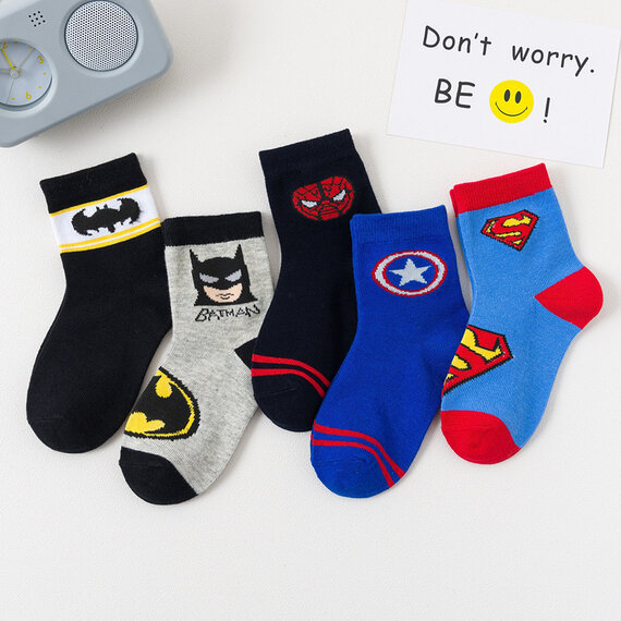 5 packs avenger socks for children - 2 batman 1 superman 1 spiderman 1 captain america
