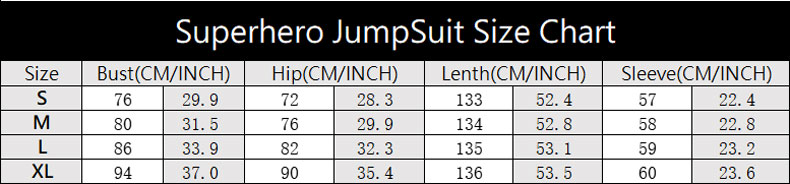 YL Marvel Superhero Jumpsuit Size Chart