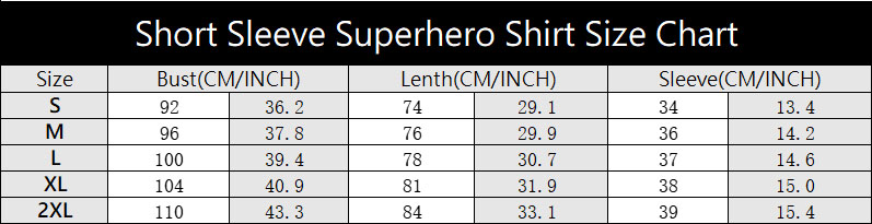 YL Marvel Superhero Short Sleeve Tee Shirt Size Chart