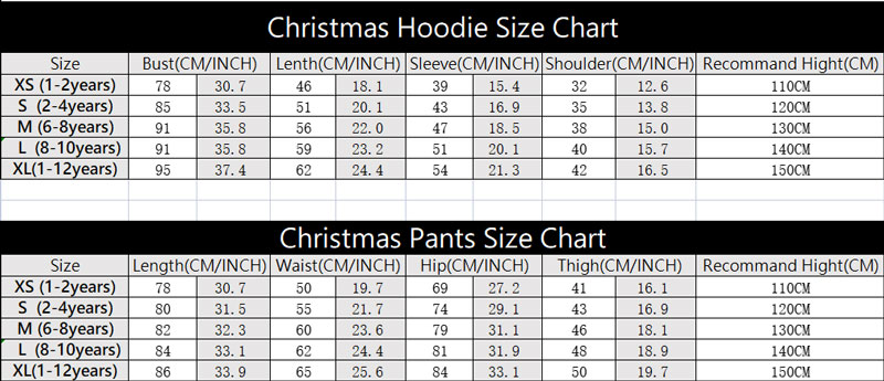 kids christmas costume - 3d print hoodie pant set size chart
