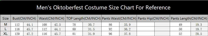 sku 19021 Men Oktoberfest Costume Size Chart