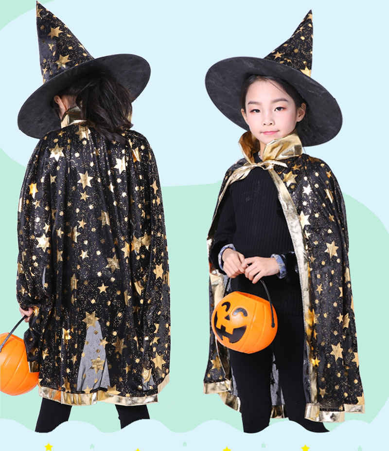 black witch wizard Cloak With Hat and Pumpkin Bag for kids