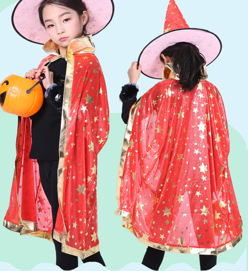 Red witch wizard Cloak With Hat and Pumpkin Bag for girls Halloween Cosplay Costume