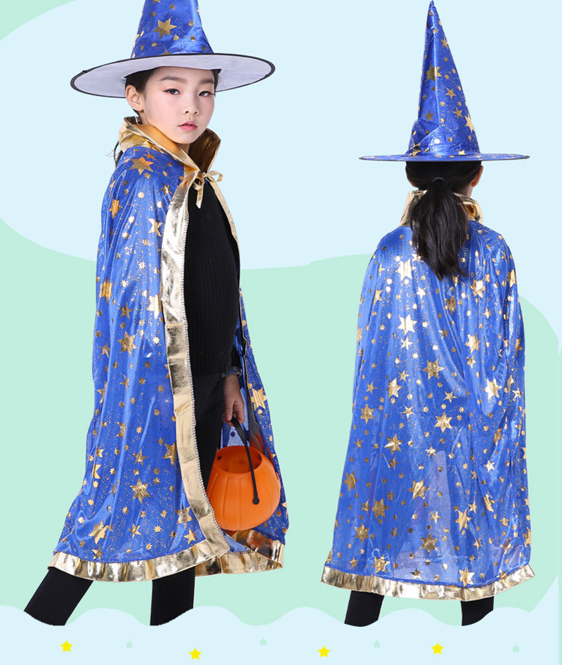 Blue witch wizard Cloak With Hat and Pumpkin Bag for children's Halloween Cosplay Costume