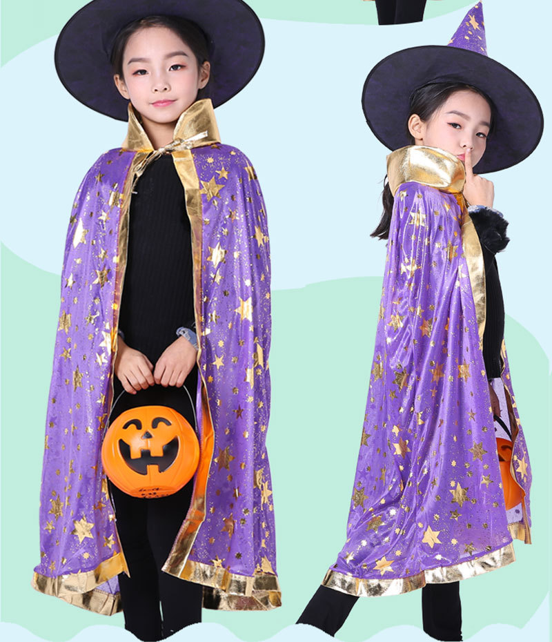 Purple witch wizard Cloak With Hat and Pumpkin Bag for boy's Halloween Cosplay Costume