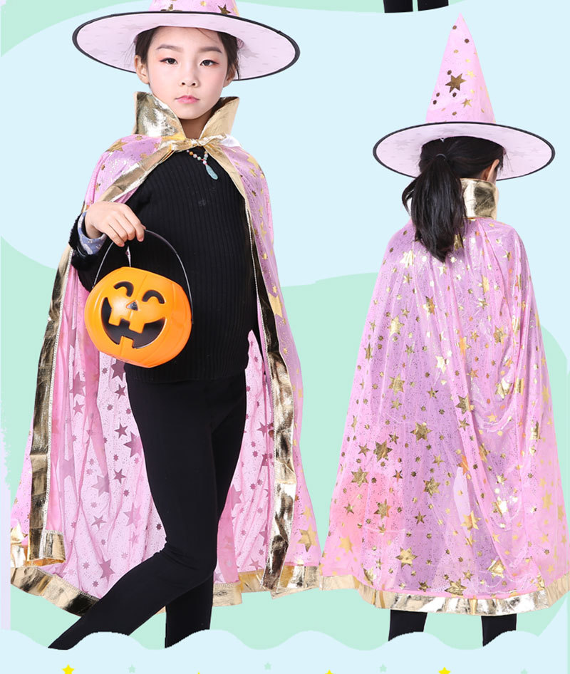pink witch wizard Cloak With Hat and Pumpkin Bag for girl's Halloween Cosplay Costume