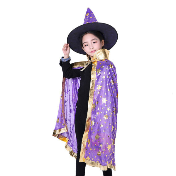 Kids Wizard Cape Witch Cloak With Hat and Pumpkin Bag