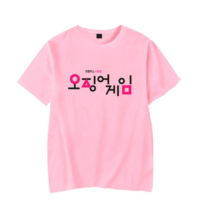 Cool Squid Game Letter Logo T Shirt Pink Crewneck Short Sleeve