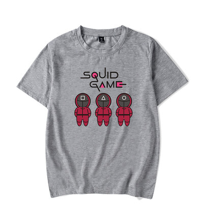 Cool Squid Game Letter Logo And Front Man T Shirt Grey Crewneck Short Sleeve