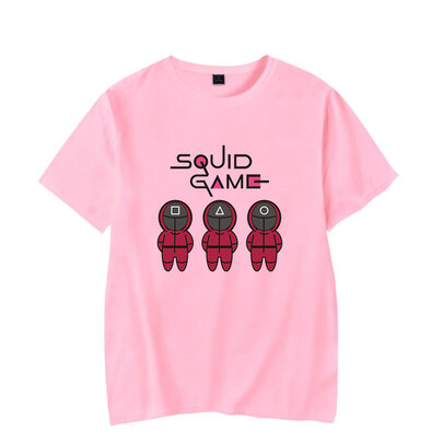 Girls Squid Game Letter Logo and front man T Shirt Pink Crewneck Short Sleeve