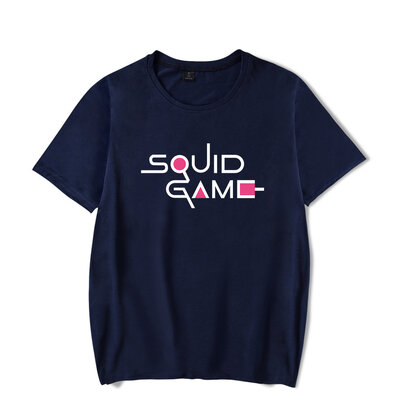 Cool Squid Game Letter Logo T Shirt Navy Blue Crewneck Short Sleeve