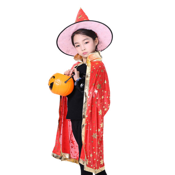 Kids Wizard Cape Witch Cloak With Hat and Pumpkin Bag
