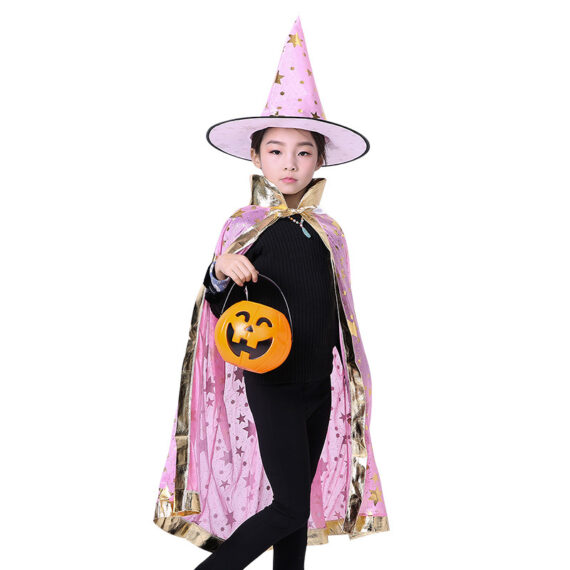 Kids Wizard Cape Witch Cloak With Hat and Pumpkin Bag