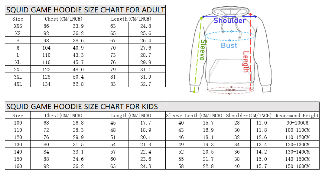 Netflix Cool Squid Game Hoodie Size Chart