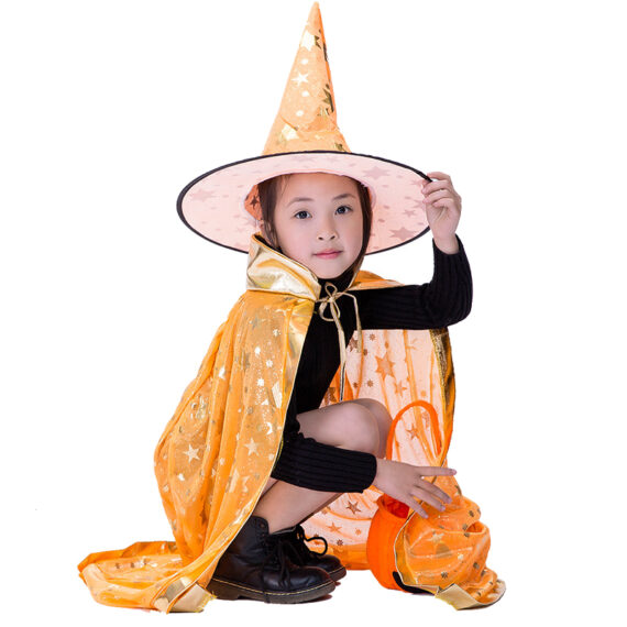Kids Wizard Cape Witch Cloak With Hat and Pumpkin Bag