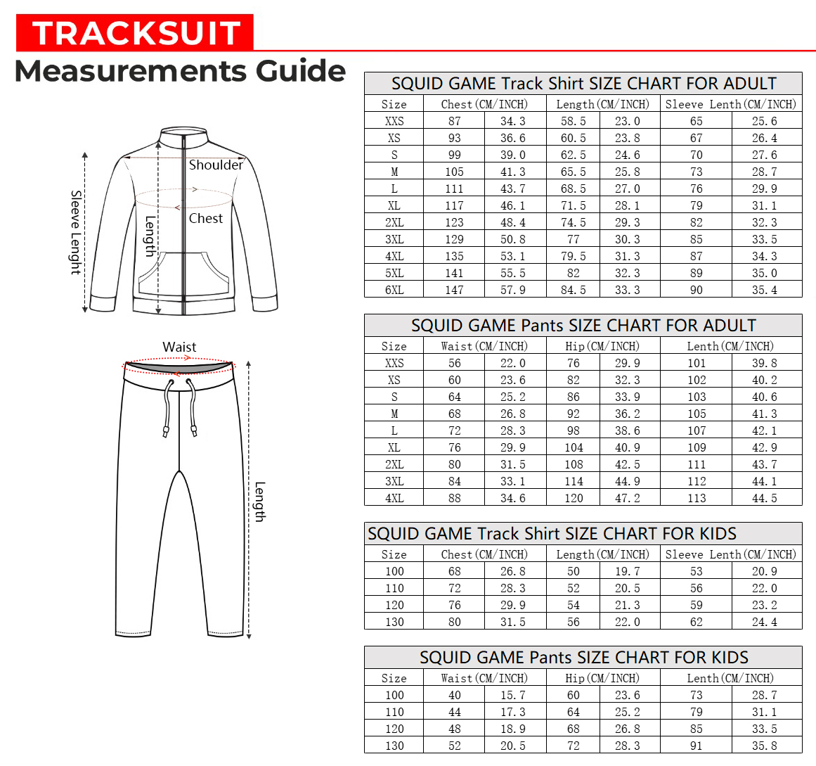 squid game track suit size chart