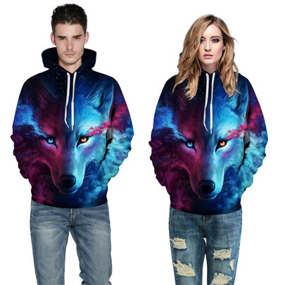 Long Sleeve Pullover Wolf Print Hoodie